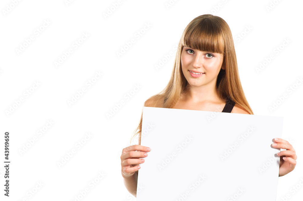 cute teen girl presenting blank poster, half length, isolated on cute teen girl presenting blank poster, half length, isolated on