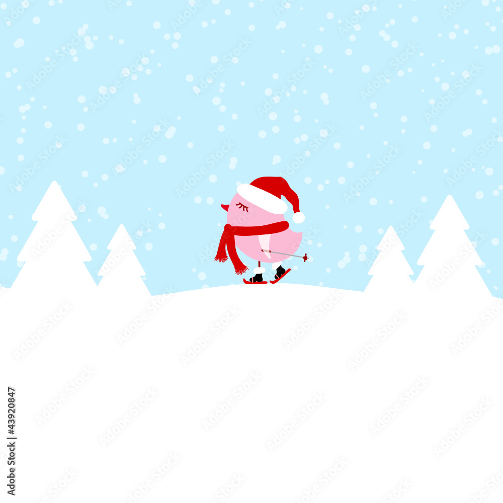 Pink Bird Skiing Winter Forest Pink Bird Skiing Winter Forest