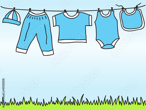 Baby boy clothes on clothesline - drawing