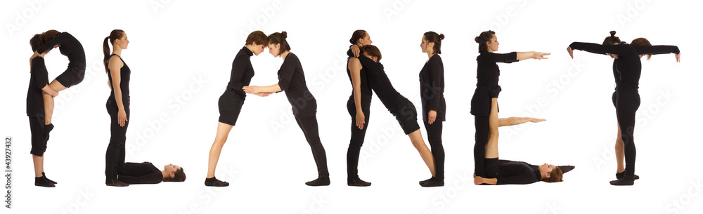 Black dressed people forming PLANET word over white Black dressed people forming PLANET word over white