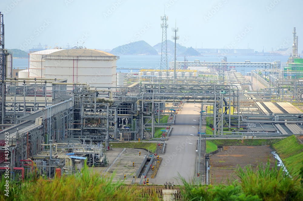 Industrial landscape with chimneys tank