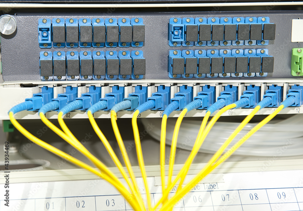 fiber optical network cables patch panel and switch Stock Photo | Adobe  Stock