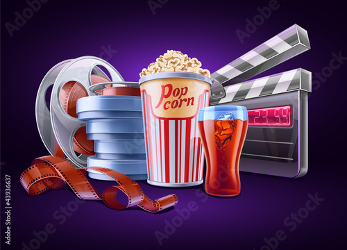 Movie, cinema: popcorn, soda, film stale, roll, container