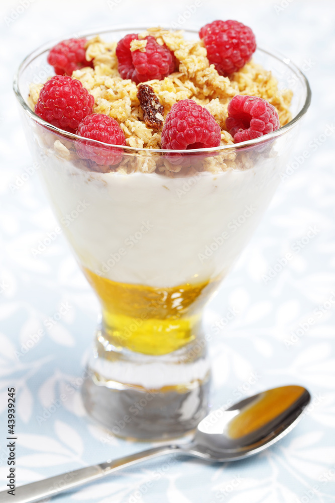 Breakfast with honey, yogurt, raspberry, and crunches Breakfast with honey, yogurt, raspberry, and crunches