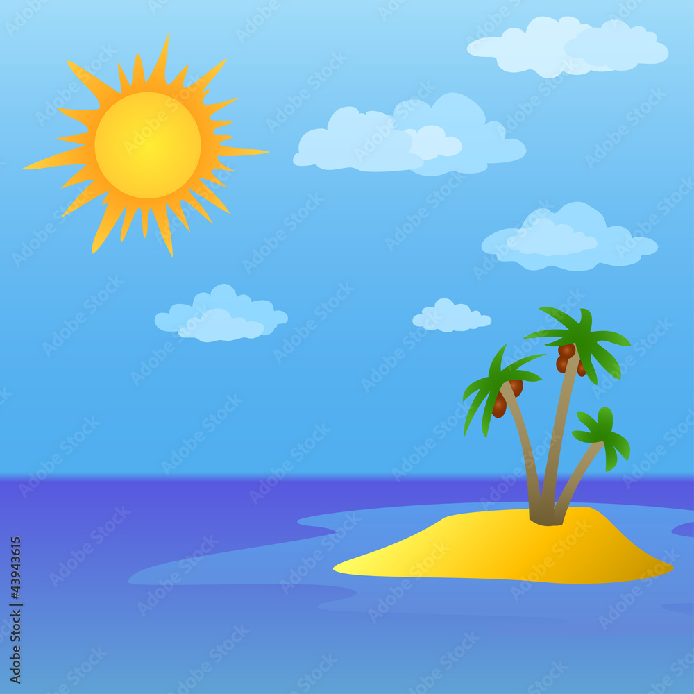 Sun and island with palm trees