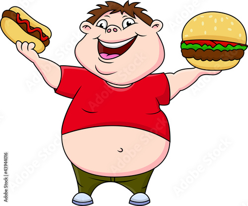 Fat boy with burger and hot dog