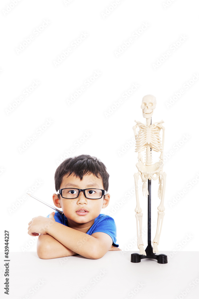 Nerd student with human skeleton Nerd student with human skeleton