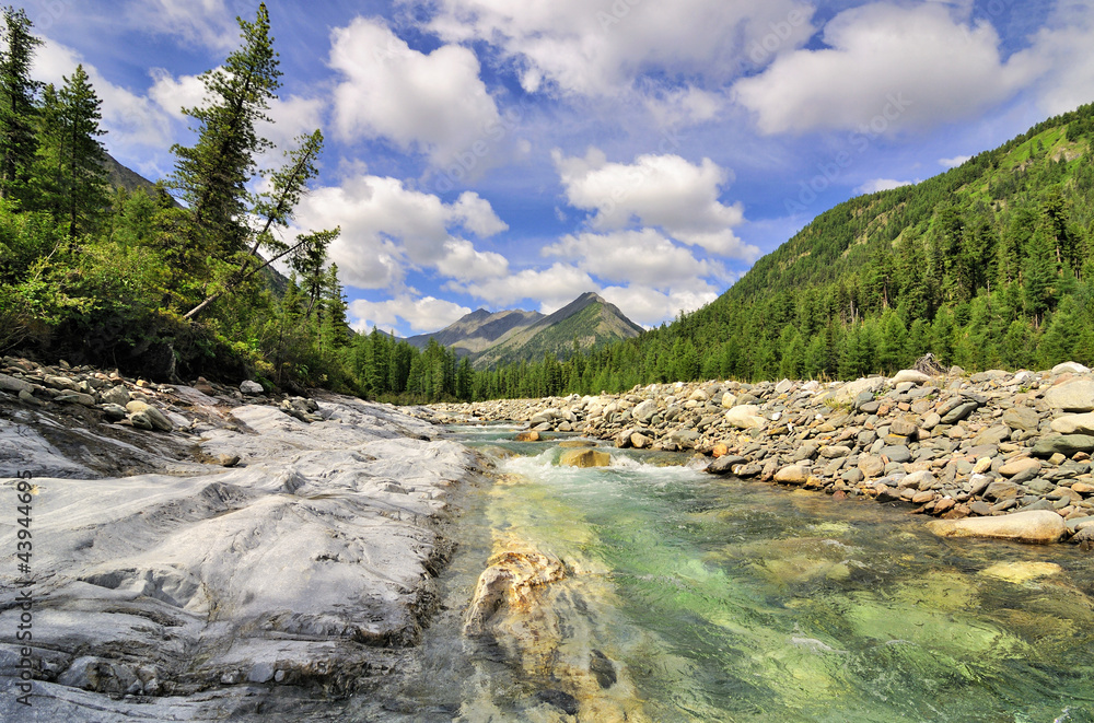 Mountain River and monolithic stone beach Mountain River and monolithic stone beach