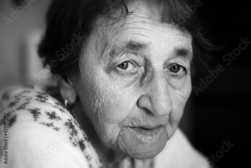 Face of an old woman, black and white portrait