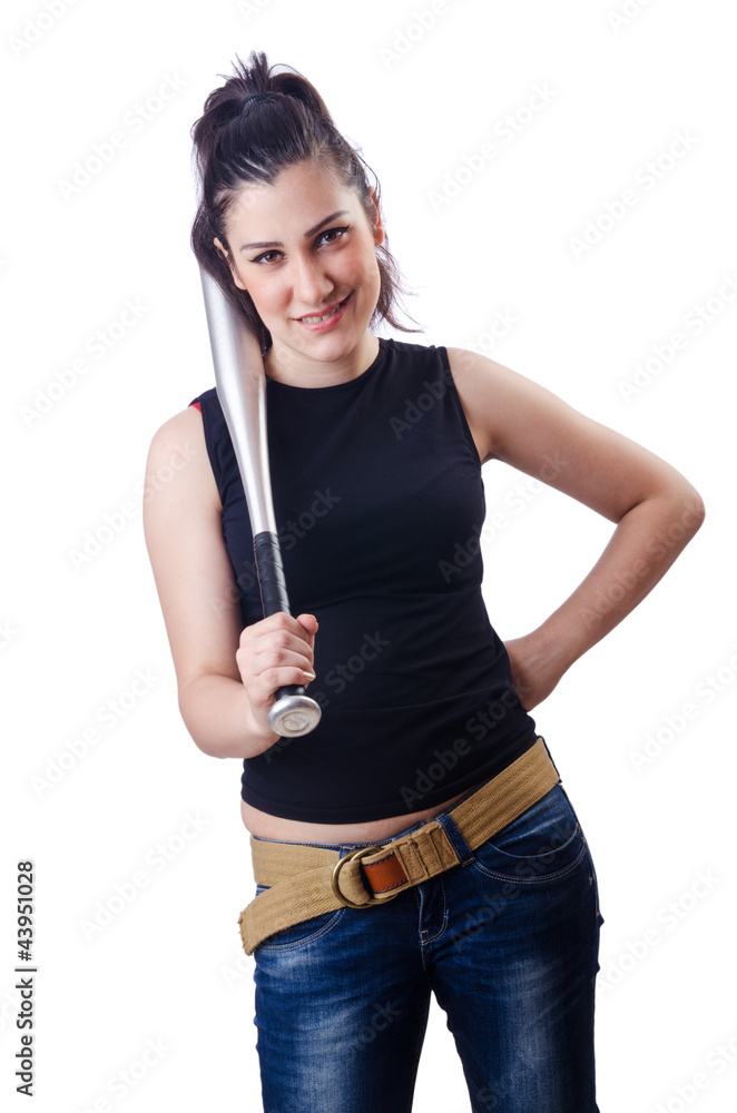 Woman criminal with bat on white Woman criminal with bat on white