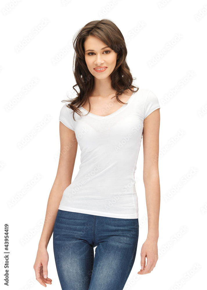 smiling teenage girl in blank white t-shirt smiling teenage girl in blank white t-shirt