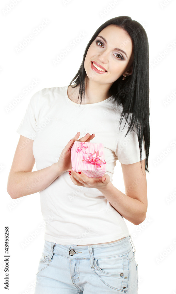 beautiful young girl holding gift isolated on white beautiful young girl holding gift isolated on white