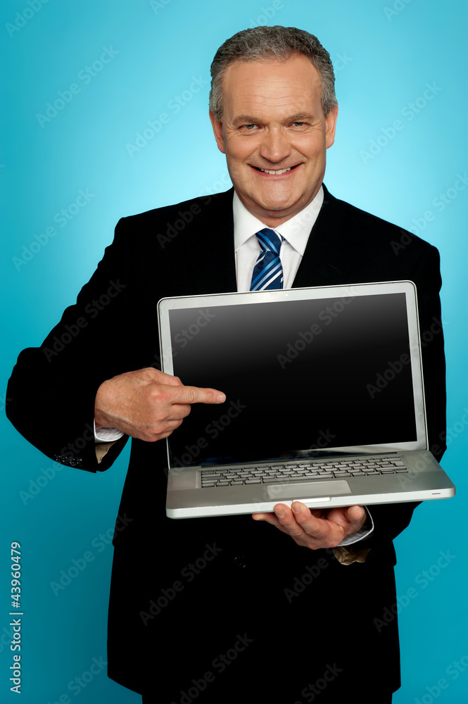 Aged corporate male pointing at laptop screen Aged corporate male pointing at laptop screen