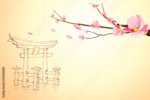 vector illustration of flower tree on Miyajima monument backdrop