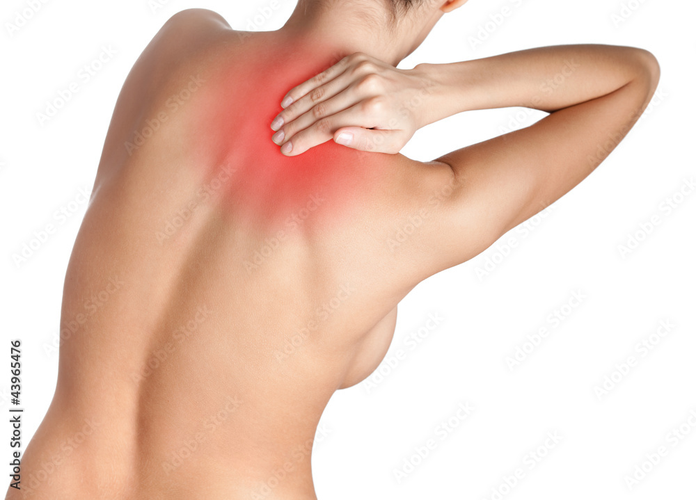 Fototapeta premium Dull ache in the shoulder, isolated, white background