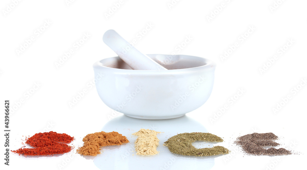 Composition of white mortar with spice isolated on white Composition of white mortar with spice isolated on white