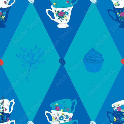 Coffee Cup Pattern with Spoon, Lotus, Kiwi and Coffee Beans