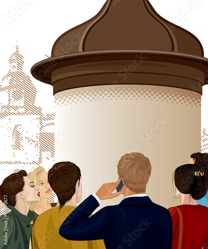 Group of people interested by an ad on an advertising column