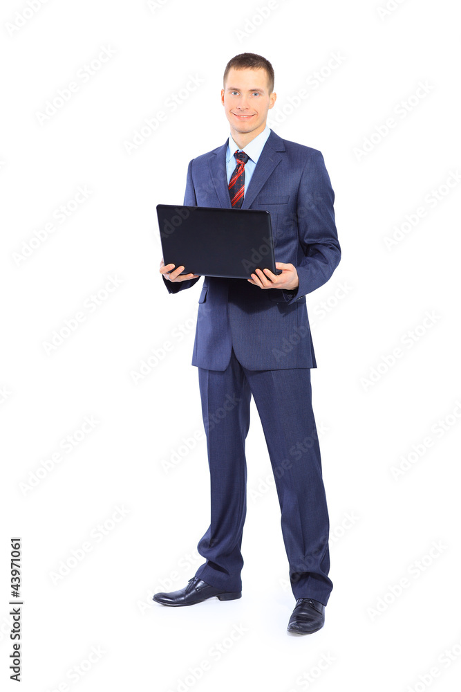 man with laptop on a white background man with laptop on a white background