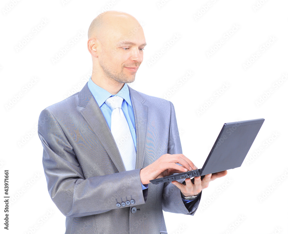 man with laptop on a white background man with laptop on a white background