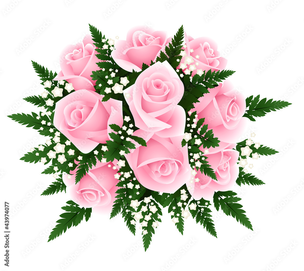 Bouquet of pink roses with fern and gypsophila. Vector.