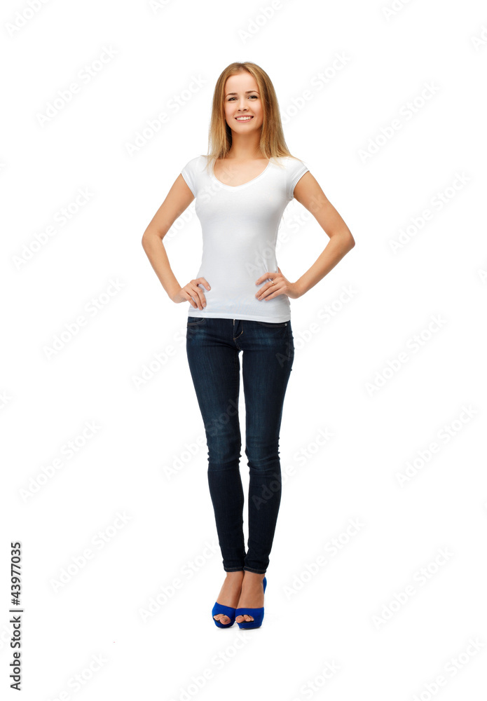smiling teenage girl in blank white t-shirt smiling teenage girl in blank white t-shirt