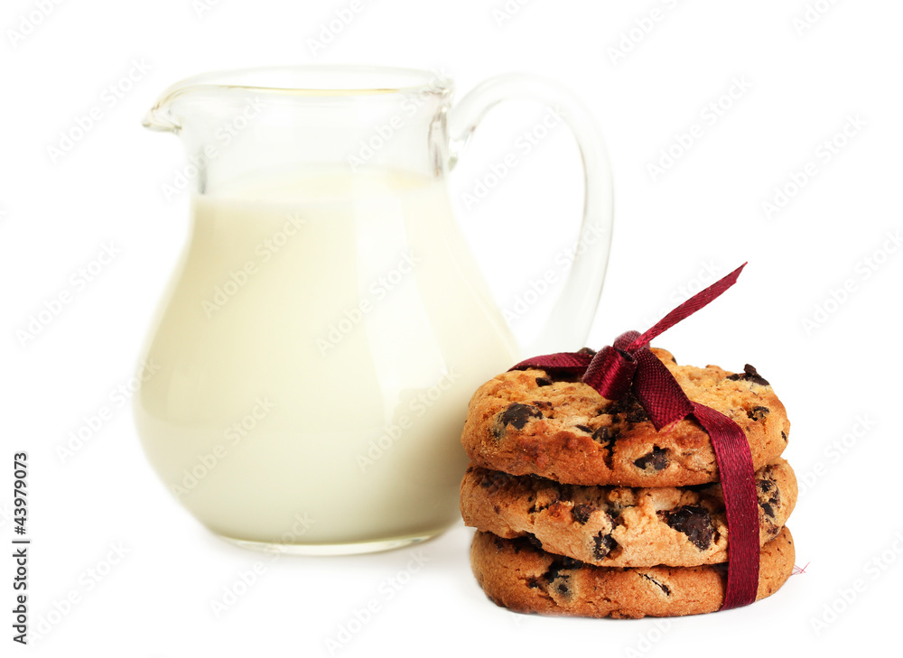 jar of milk and chocolate chips cookies with red ribbon jar of milk and chocolate chips cookies with red ribbon