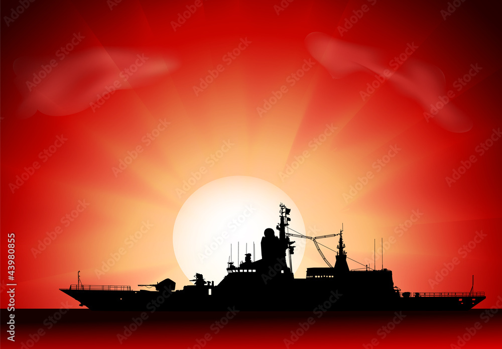 Vector silhouette of the military ship on sunset