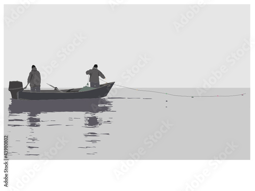 Two fishermen by a boat
