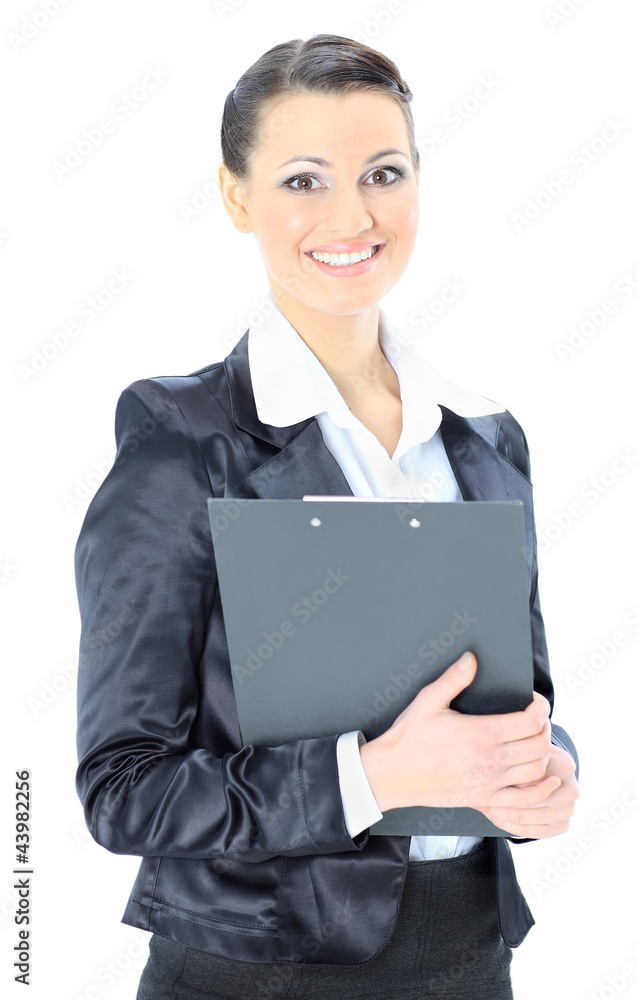 Beautiful businesswoman holds a work plan. Beautiful businesswoman holds a work plan.