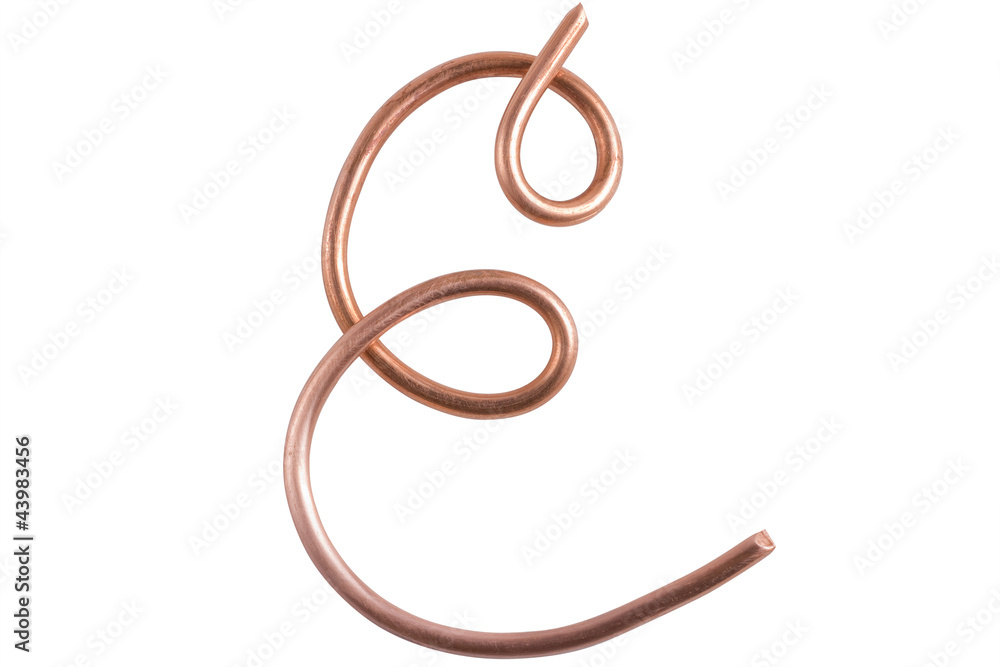 Copper metal wire in the form of letter E, modern US calligraphy Copper metal wire in the form of letter E, modern US calligraphy