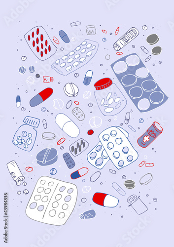Vector illustraition of various pills, hand drawn design set.