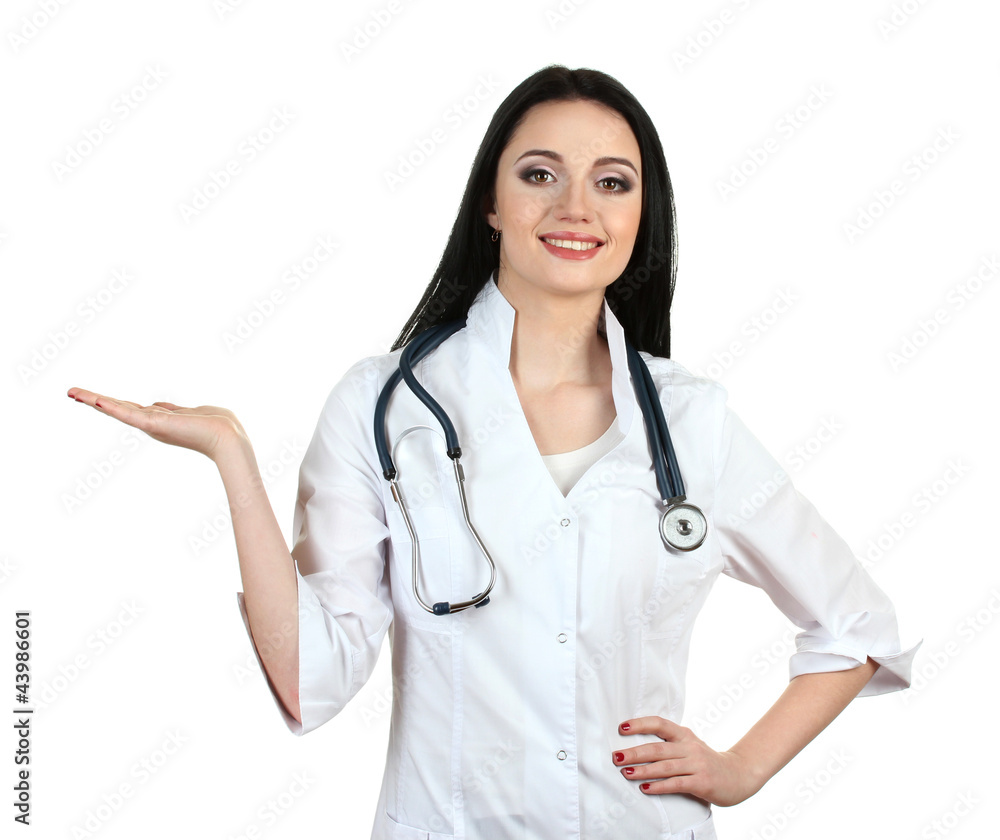 young beautiful doctor with stethoscope isolated on white. young beautiful doctor with stethoscope isolated on white.