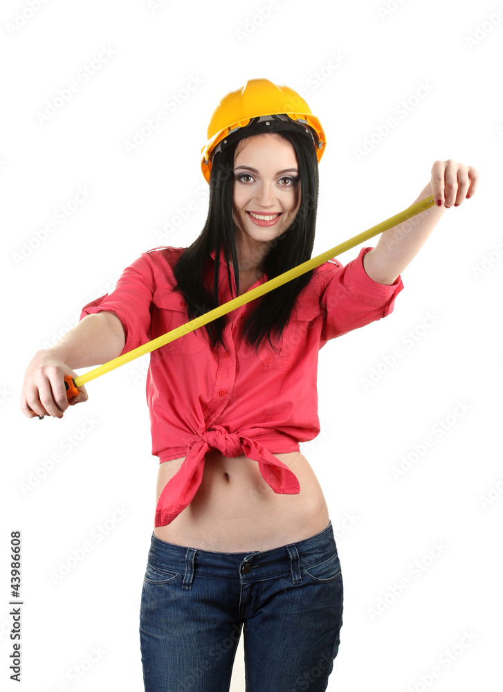 beautiful young girl-builder holding building roulette beautiful young girl-builder holding building roulette