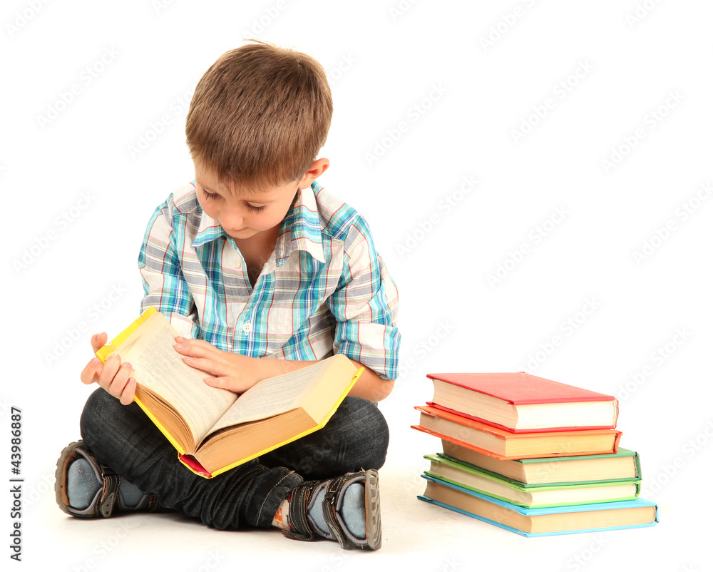 funny little boy with books isolated on white funny little boy with books isolated on white
