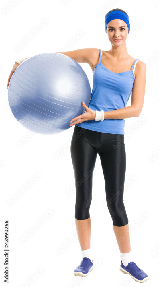 Cheerful smiling woman with fitball, over white Cheerful smiling woman with fitball, over white