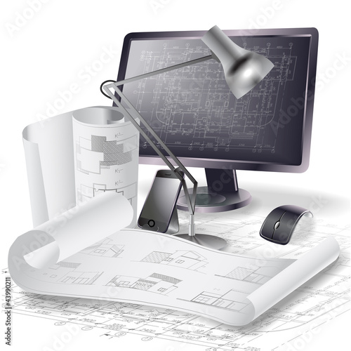 Architectural background with a monitor