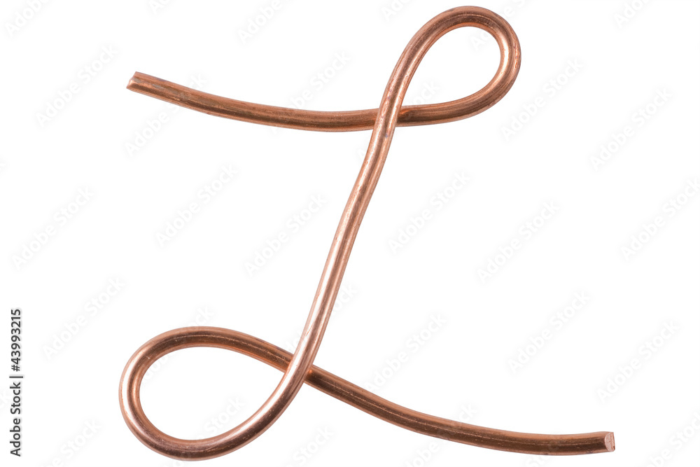 Copper metal wire in the form of letter L, modern US calligraphy