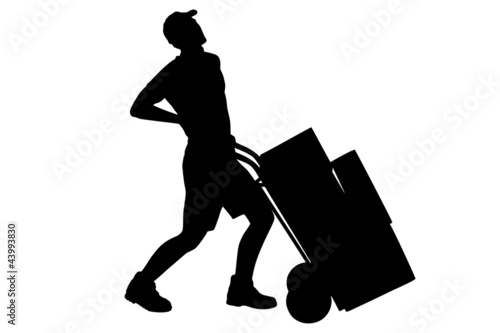 A silhouette of a full length portrait of a delivery boy, suffer