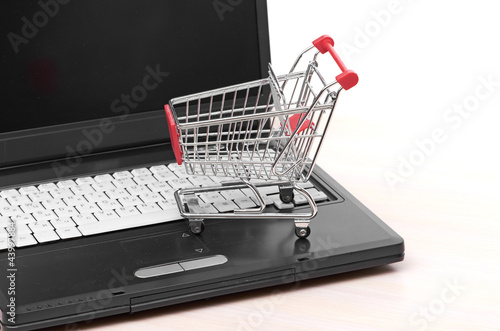 Online shopping. trolley on laptop