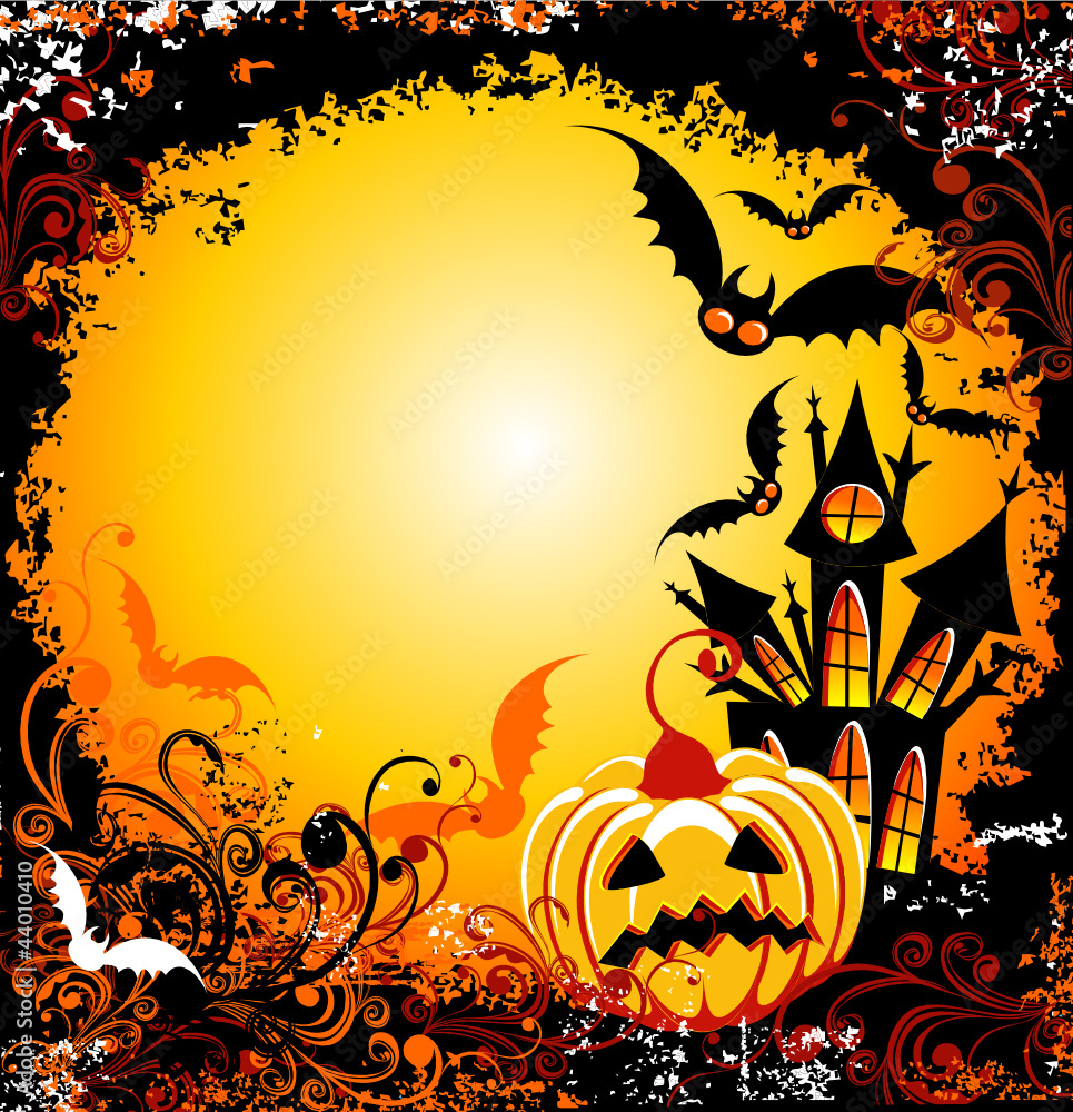 Halloween background with haunted house pumpkin and bats