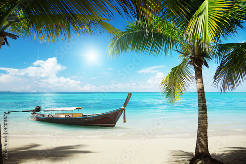 sea, coconut palms and boat © Iakov Kalinin