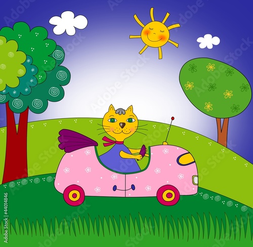 Cat on the car. Illustration for children #44014846