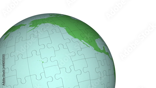 Animation of Planet Earth made of puzzle pieces, rotating.