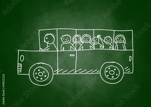 Drawing of school bus on blackboard