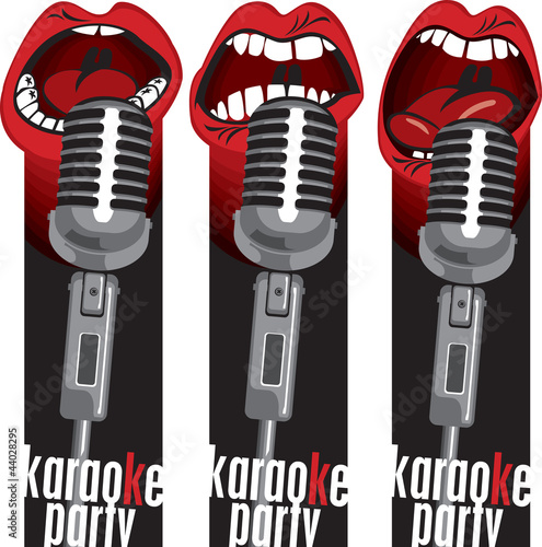 three banners with singing into a microphone mouths