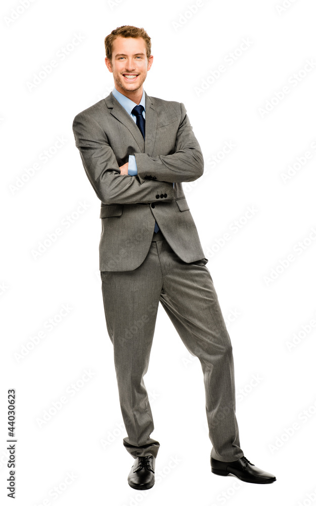 Full length of successful businessman on white background