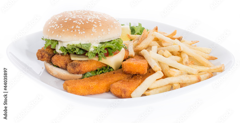 Fish Burger on a plate isolated on white Fish Burger on a plate isolated on white