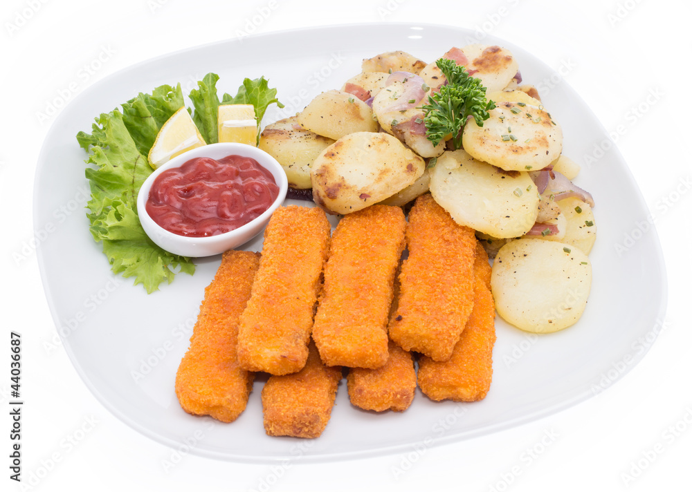 Portion of Fish Fingers with fried Potatoes Portion of Fish Fingers with fried Potatoes