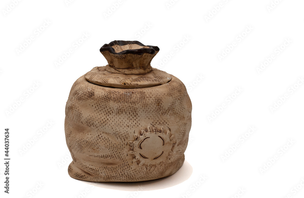 Clay pot with lid on white background